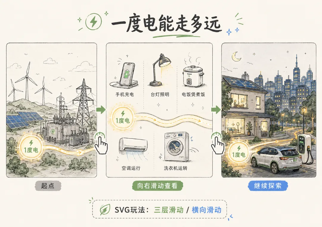 终于找到了!特别适合能源行业的3个SVG玩法 1 一度电能走多远:展示一度电从手机充电到城市供电的旅程示意图