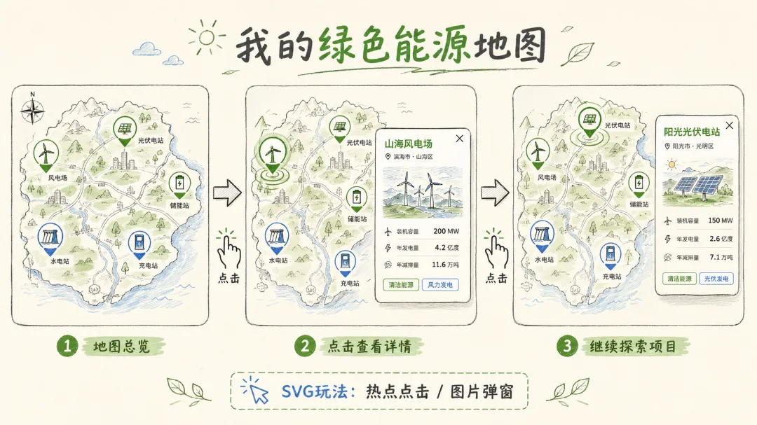 终于找到了!特别适合能源行业的3个SVG玩法 2 能源项目地图:分布风电场、光伏电站、水电站、储能设施等节点示意图