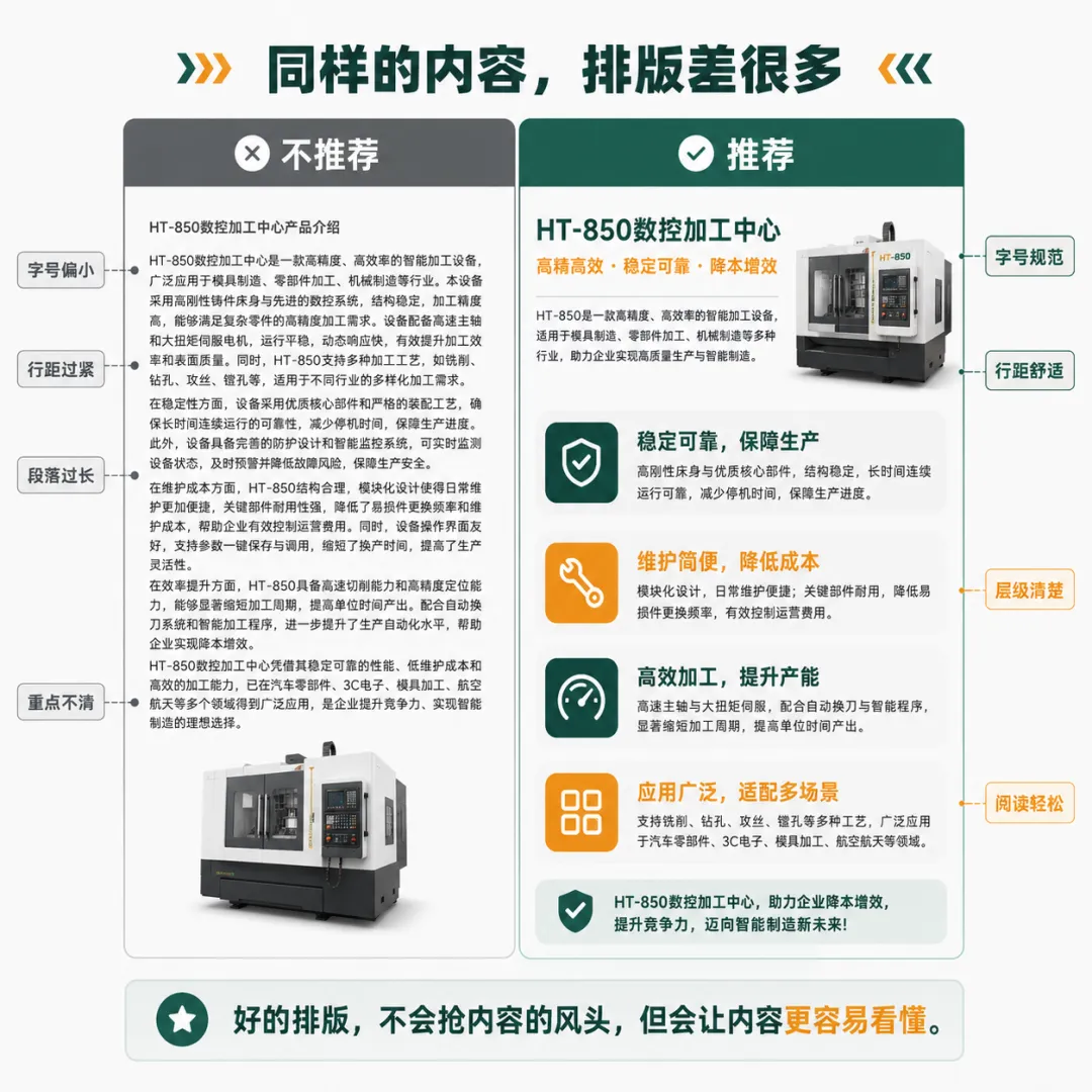 手把手教你从零开始写制造业微信公众号推文(新手必看) 1 制造行业公众号文章段落拆分示例:将设备优势拆分为生产效率更高、运行成本更低、适配场景更广三个小标题,降低阅读压力