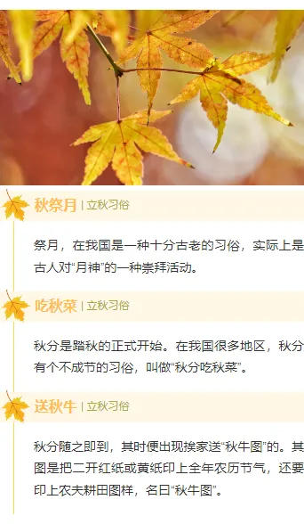 秋分食补公众号排版素材推荐:贴秋膘菜单样式+模板一键套用 13 样式ID:133160 二十四节气秋分文艺橙色上下图文