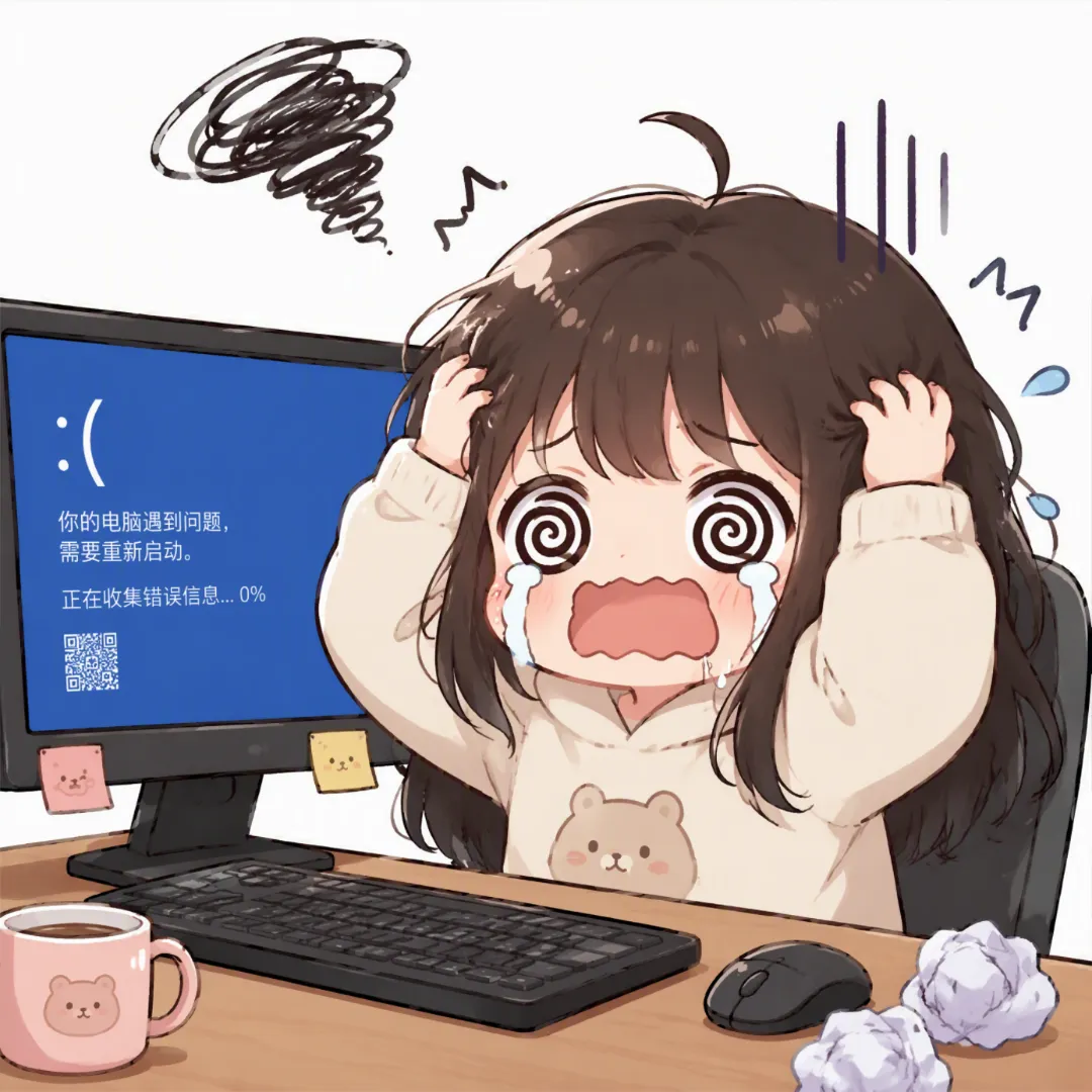 电脑蓝屏、网页崩溃导致排版丢失的插图，表达创作的挫败感