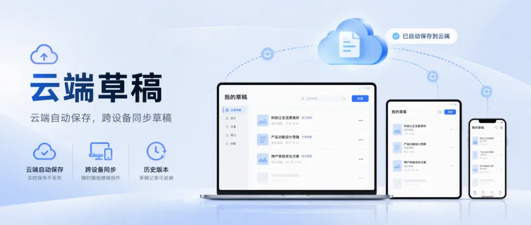 135编辑器云端草稿功能入口示意图，显示会员专属自动备份