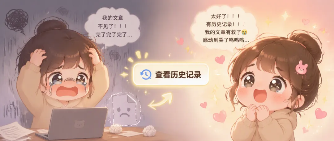 135编辑器历史版本恢复功能入口示意图，显示时光机般的概念